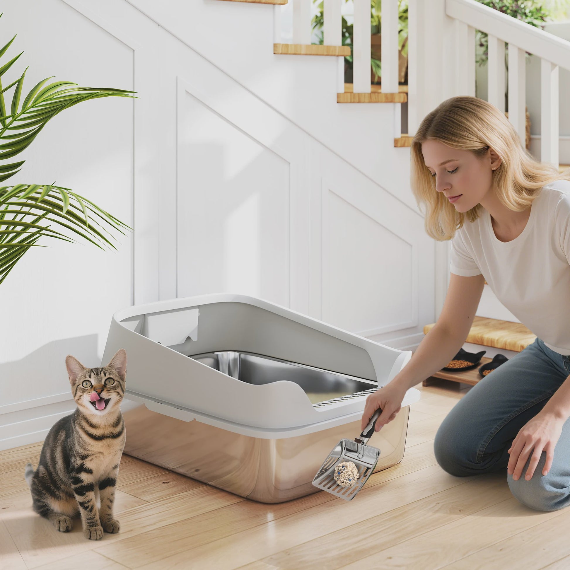 XXL Rvs Kattenbak met Hoge Rand, Lekvrij en Makkelijk Schoon te Maken, Inclusief Schep