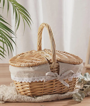 Handgemaakte Riet Picknickmand met Deksel en Handvat - Willow Woven Opbergmand