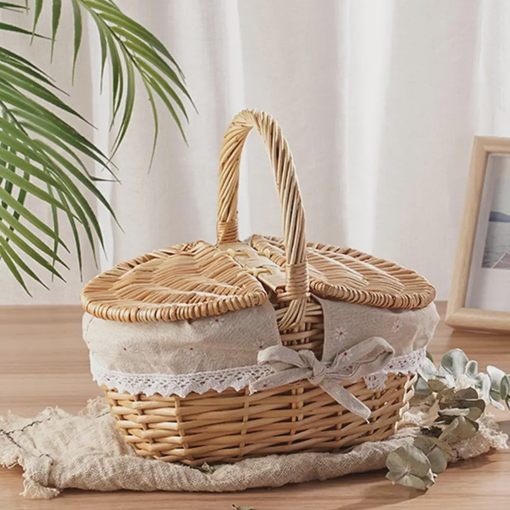Handgemaakte Riet Picknickmand met Deksel en Handvat - Willow Woven Opbergmand