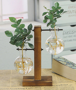 Glazen Vaas met Houten Standaard - Hydroponische Plantenbak voor Bureau & Tafel