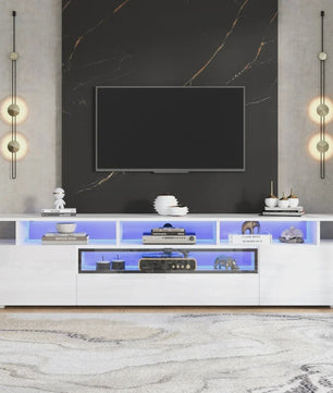 Stijlvolle TV Meubel 180cm Hoogglans Wit met LED Verlichting en 10 Opbergvakken