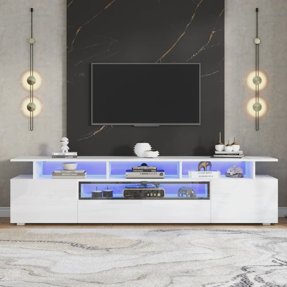 Stijlvolle TV Meubel 180cm Hoogglans Wit met LED Verlichting en 10 Opbergvakken