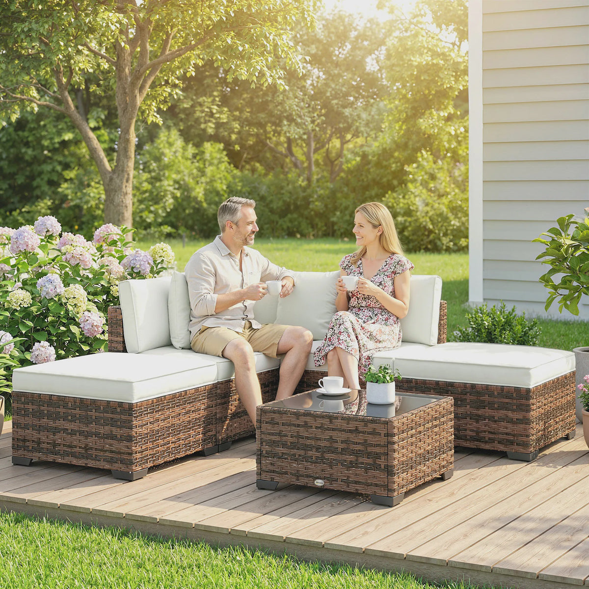 Outsunny Loungeset 6-delig Rotan Tuinmeubelen met Kussens en Salontafel