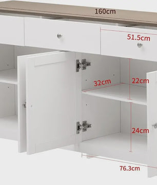 Ruime Buffetkast met 4 Deuren en 3 Lades - Cottage Stijl - 160cm Breed
