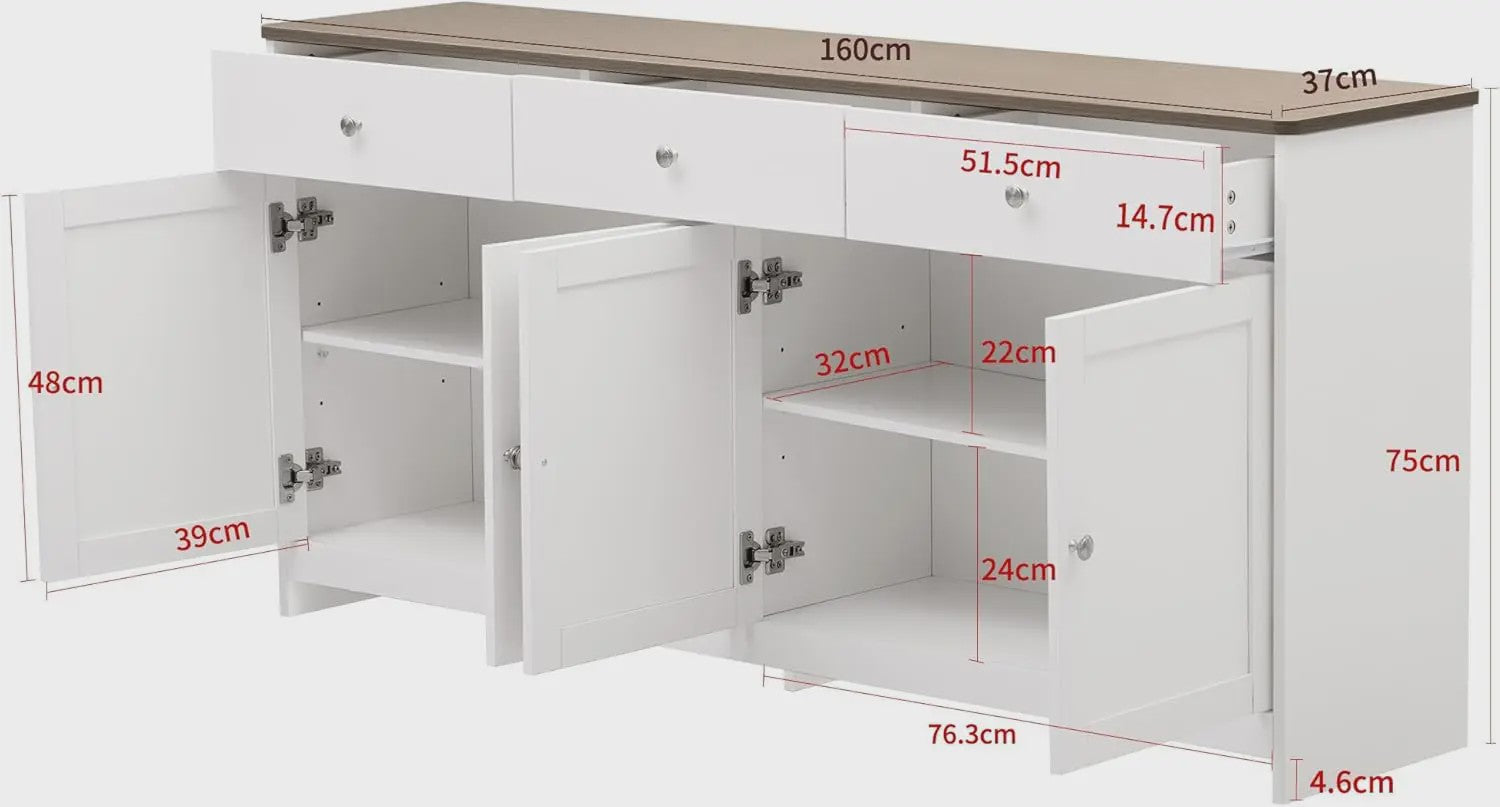 Ruime Buffetkast met 4 Deuren en 3 Lades - Cottage Stijl - 160cm Breed