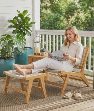 Outsunny Loungeset 2-delig: Acacia Houten Tuinstoel met Voetenbankje
