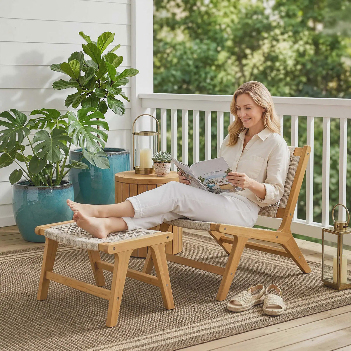 Outsunny Loungeset 2-delig: Acacia Houten Tuinstoel met Voetenbankje
