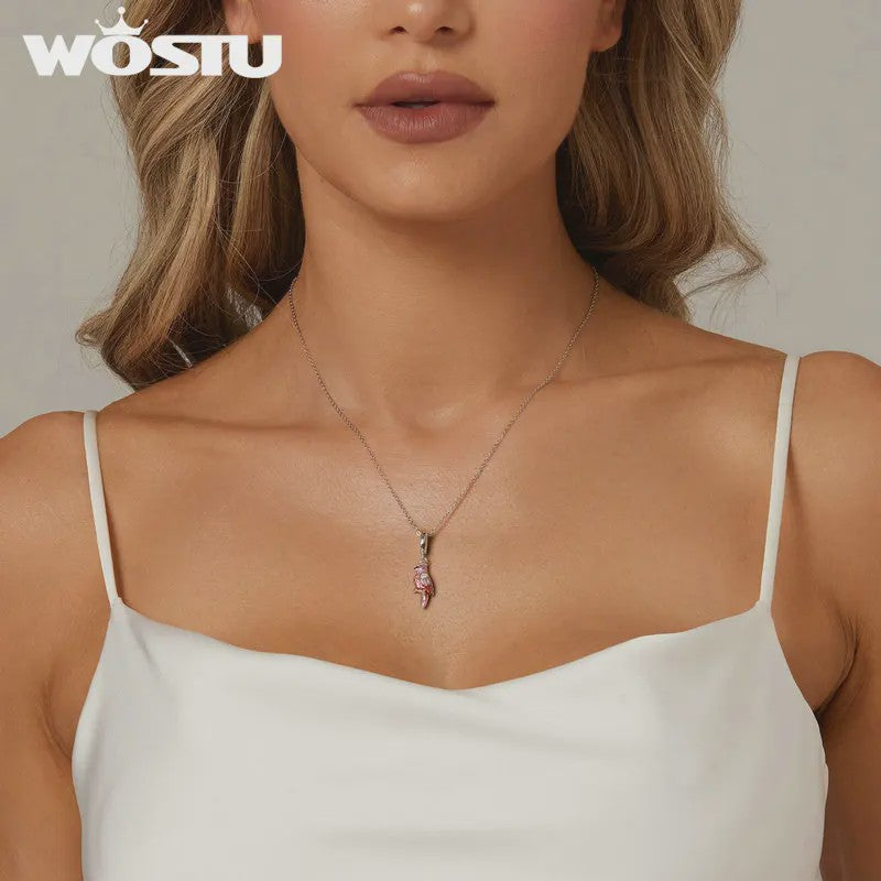 WOSTU 925 Sterling Zilver Papegaai Bedel met Roze Emaille & Kristallen - DIY Sieraden