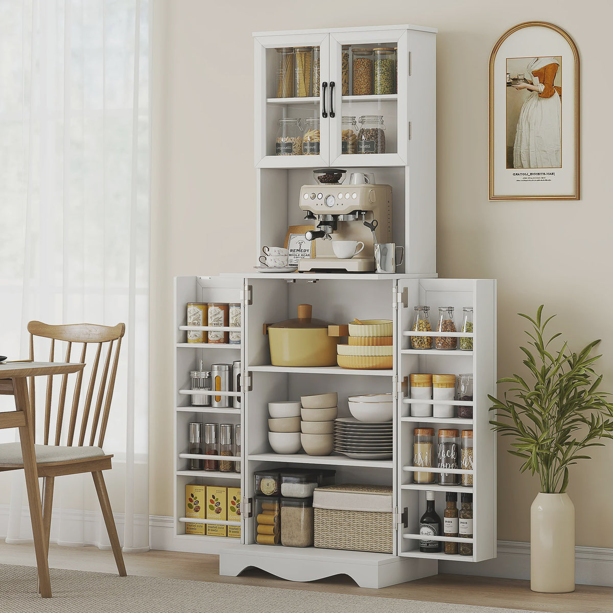 Stijlvolle Witte Buffetkast Keukenkast met Vitrine, 4 Deuren en 8 Kruidenrekken - Ideaal voor Keuken en Servies