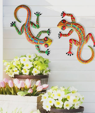 Set van 2 Metalen Muurdecoratie Hagedissen - Levendige Gecko's voor Buiten & Binnen