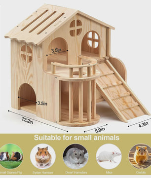 Dubbel Laags Houten Hamsterhuis met Hooirack en Antislip Trappetje
