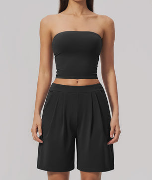 Dames Yogaset 2-delig: Strapless Crop Top & Plissé Shorts voor Fitness, Running & Gym
