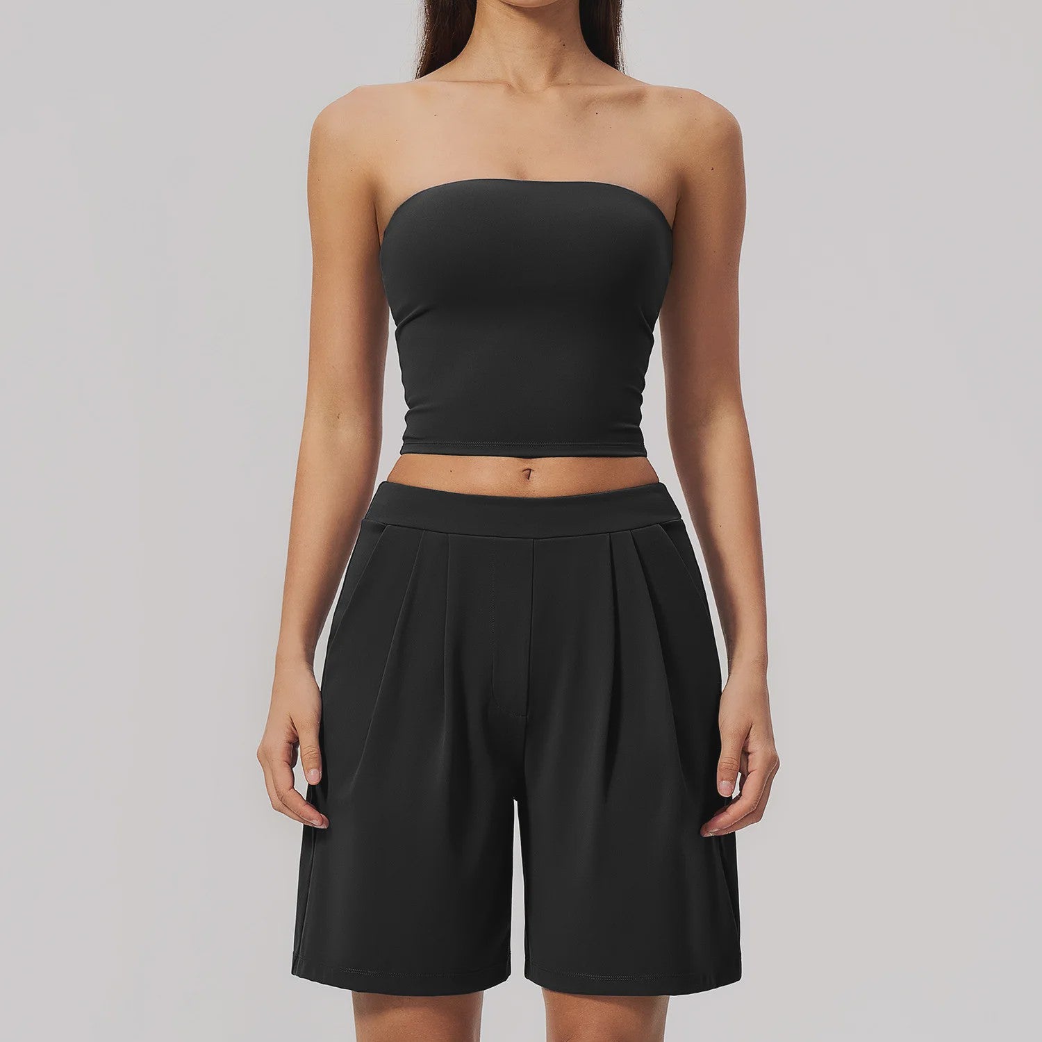 Dames Yogaset 2-delig: Strapless Crop Top & Plissé Shorts voor Fitness, Running & Gym