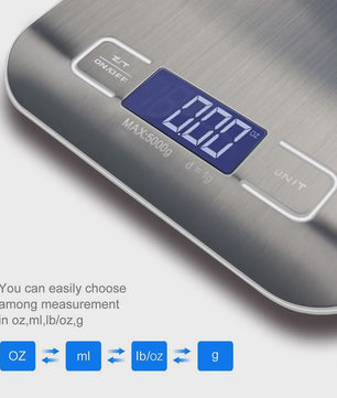 Precisie Keukenweegschaal RVS - 5kg/10kg, 1g Nauwkeurigheid, LCD Achtergrondverlichting