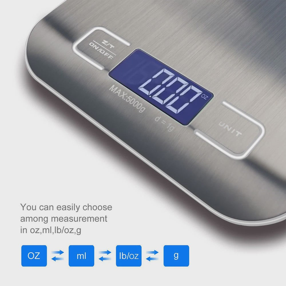 Precisie Keukenweegschaal RVS - 5kg/10kg, 1g Nauwkeurigheid, LCD Achtergrondverlichting