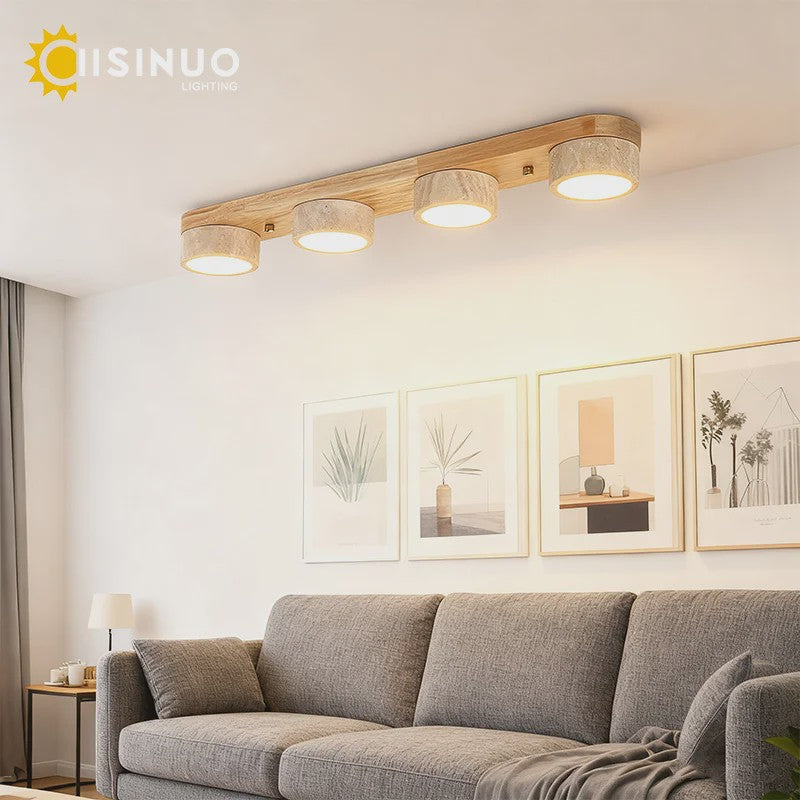 Wabi Sabi Plafondlamp van Travertin Natuursteen en Hout met LED