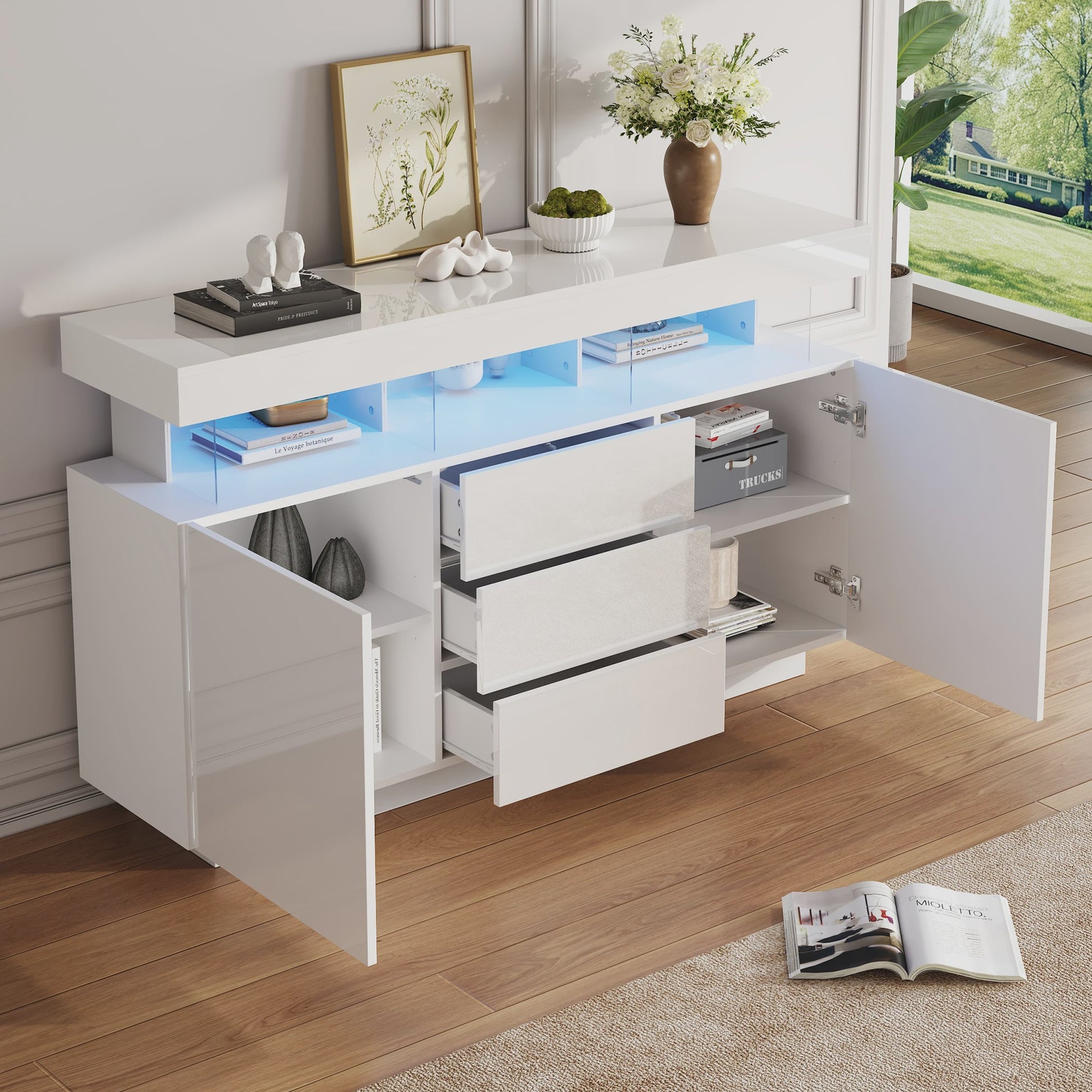 Moderne Dressoir 140cm Hoogglans Wit met LED Verlichting en 16 Kleuren