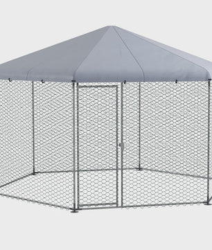 Grote Stalen Kippenhok Buiten met Dak - 400x346x263cm - Grijs - Ruim voor 10-15 Kippen & Kleine Dieren