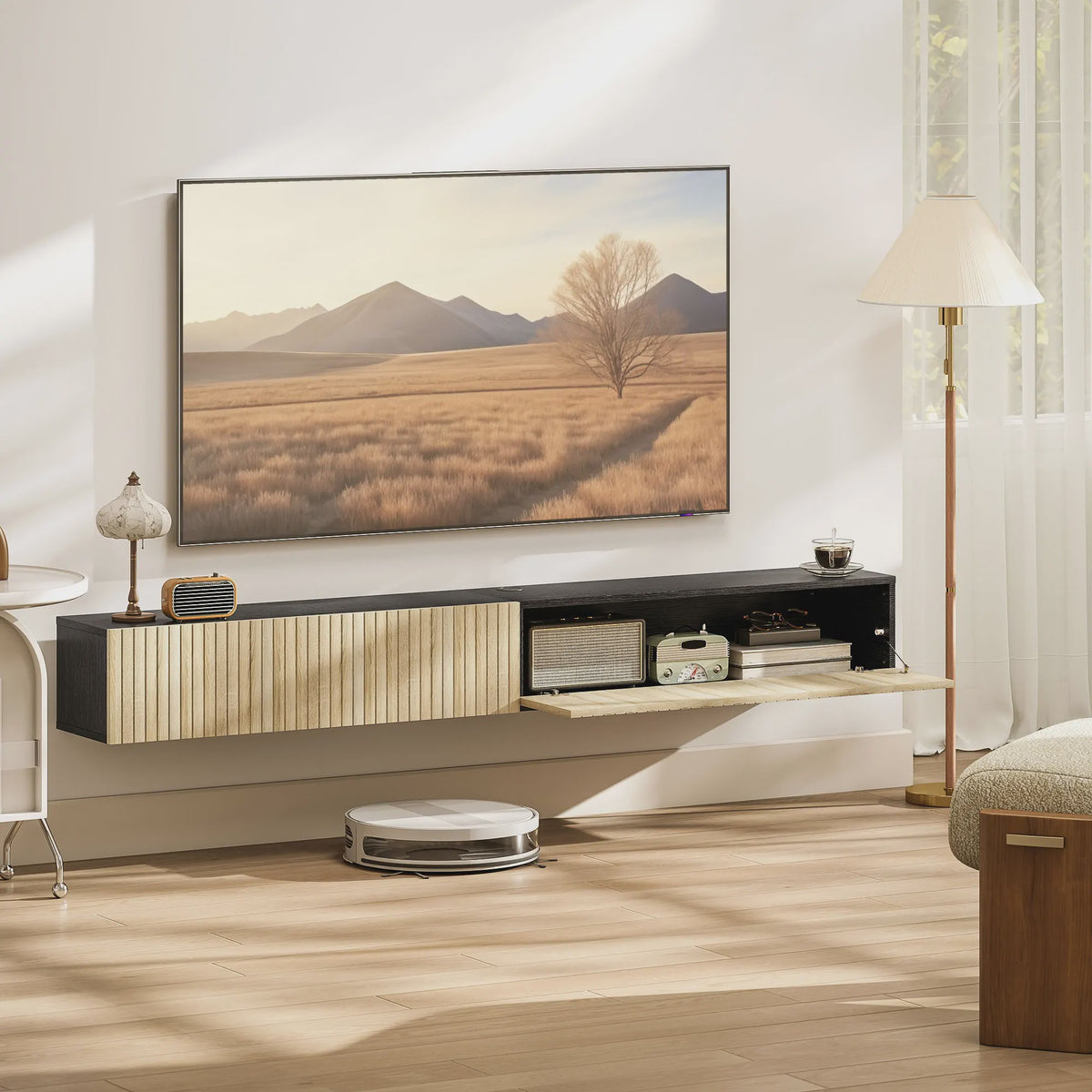 Zwevende TV Meubel 140cm met 2 Klapdeuren - Natuurlijk Hout & Zwart