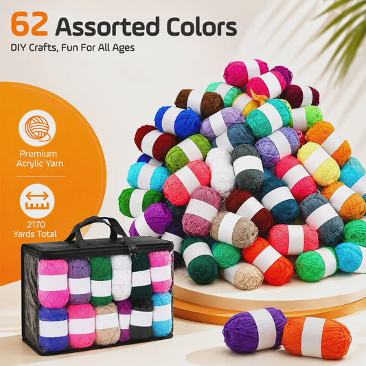 DIY Textile Set，77 Piece Crochet Hook Set With 62 Mixed Color Yarn Balls, 2 Aluminum Crochet Hooks, 2 Knitting Needles, And 10 Anti Slip Pins