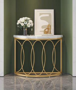 Gouden Halve Maan Console Tafel - 43 Inch Moderne Entree Tafel met Geometrisch Metaal Frame