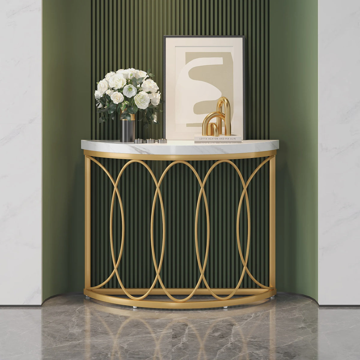 Gouden Halve Maan Console Tafel - 43 Inch Moderne Entree Tafel met Geometrisch Metaal Frame