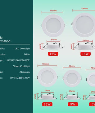 Set van 10 LED Downlighters Wit 5W-18W Rond Plafondlamp DC 12V/24V AC 110V/220V