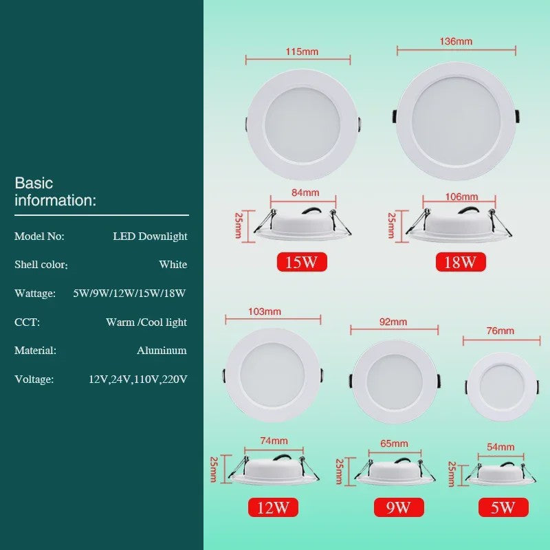 Set van 10 LED Downlighters Wit 5W-18W Rond Plafondlamp DC 12V/24V AC 110V/220V