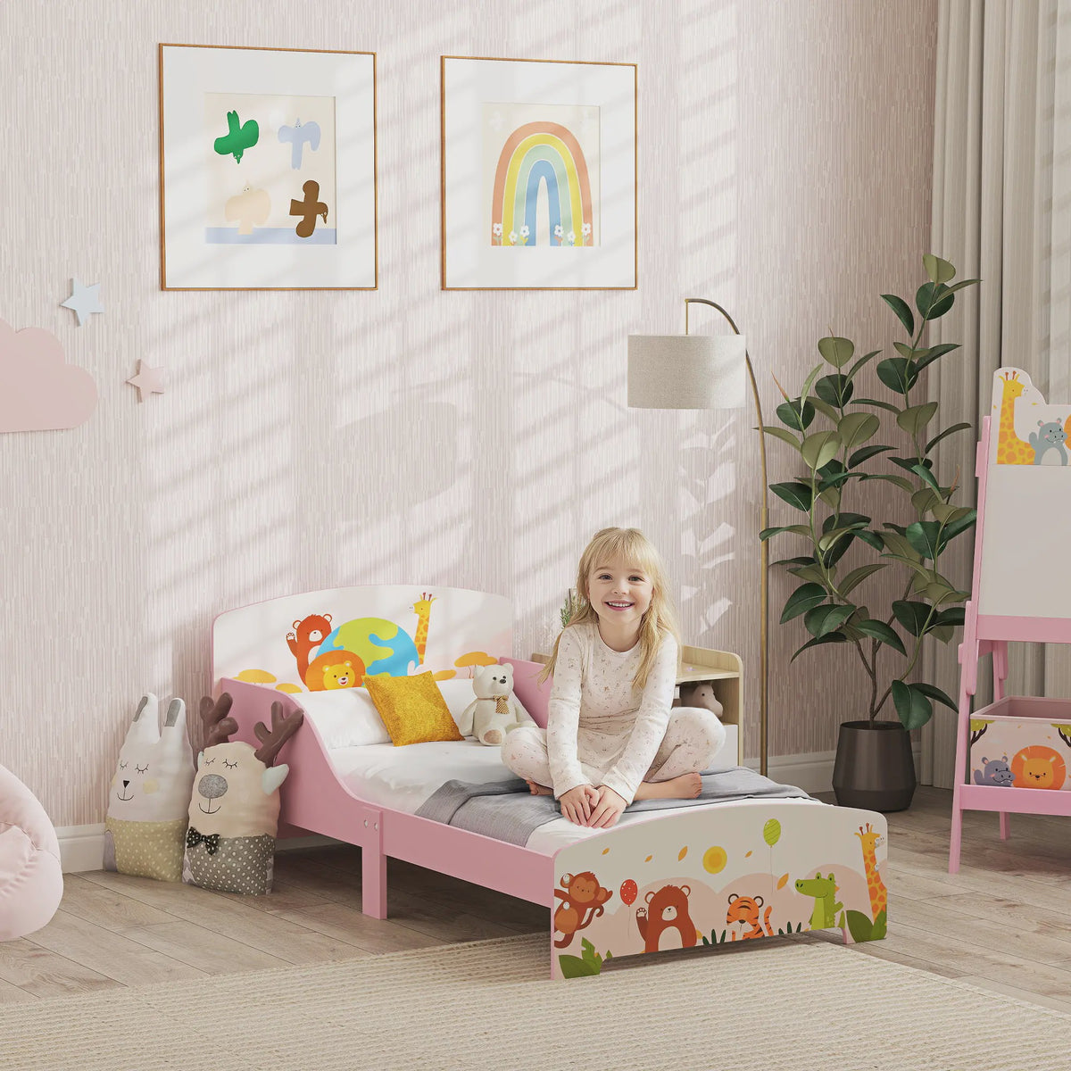AIYAPLAY Kinder Vloerbed met Dierenprint - 140x70 cm - Inclusief Beschermpanelen & Lattenbodem