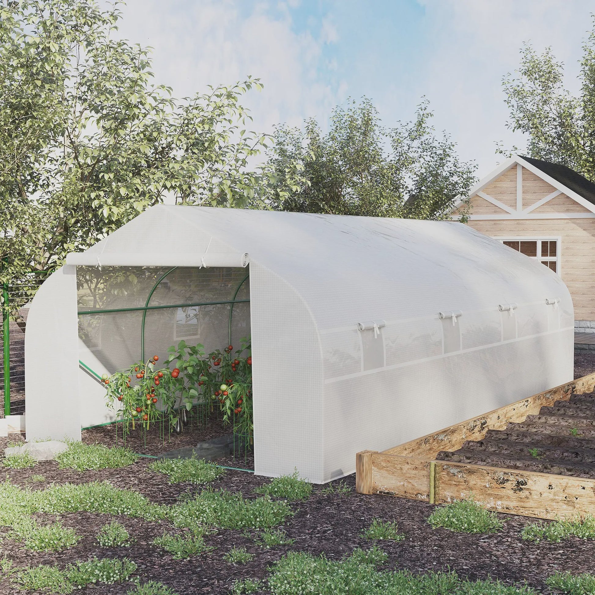 Outsunny Garden Tunnel Greenhouse 600X300X200 cm for Growing Vegetables with Roller Door with Zipper White Steel