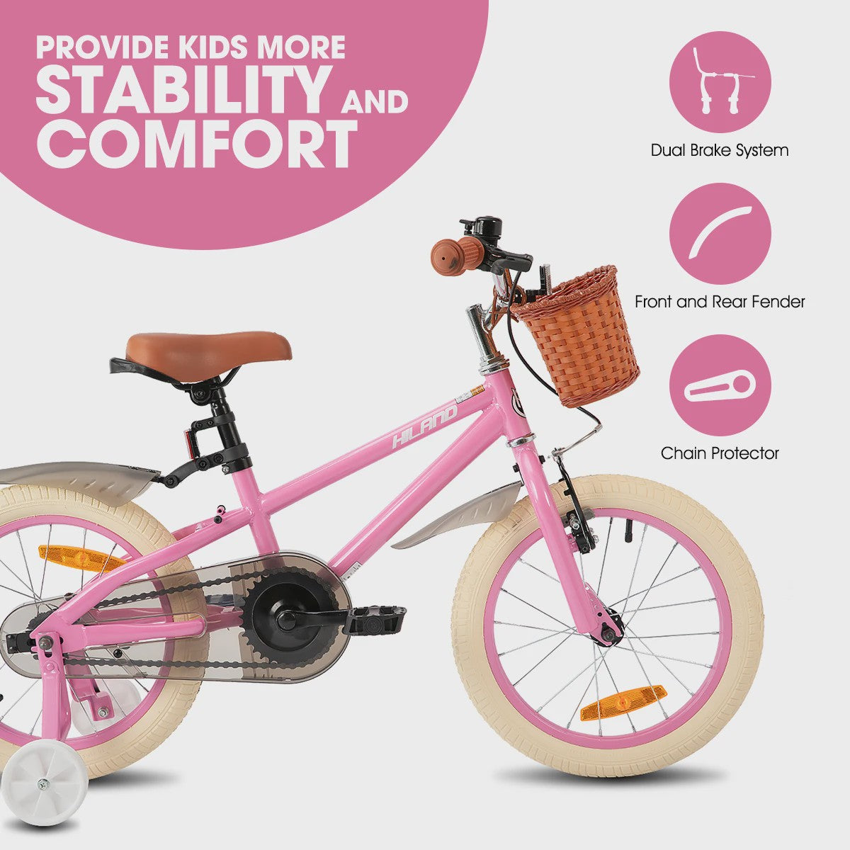 Hiland Kinderfiets 14, 16, 18 Inch - Meisjesfiets Groen/Roze met Mandje en Stabilisatoren