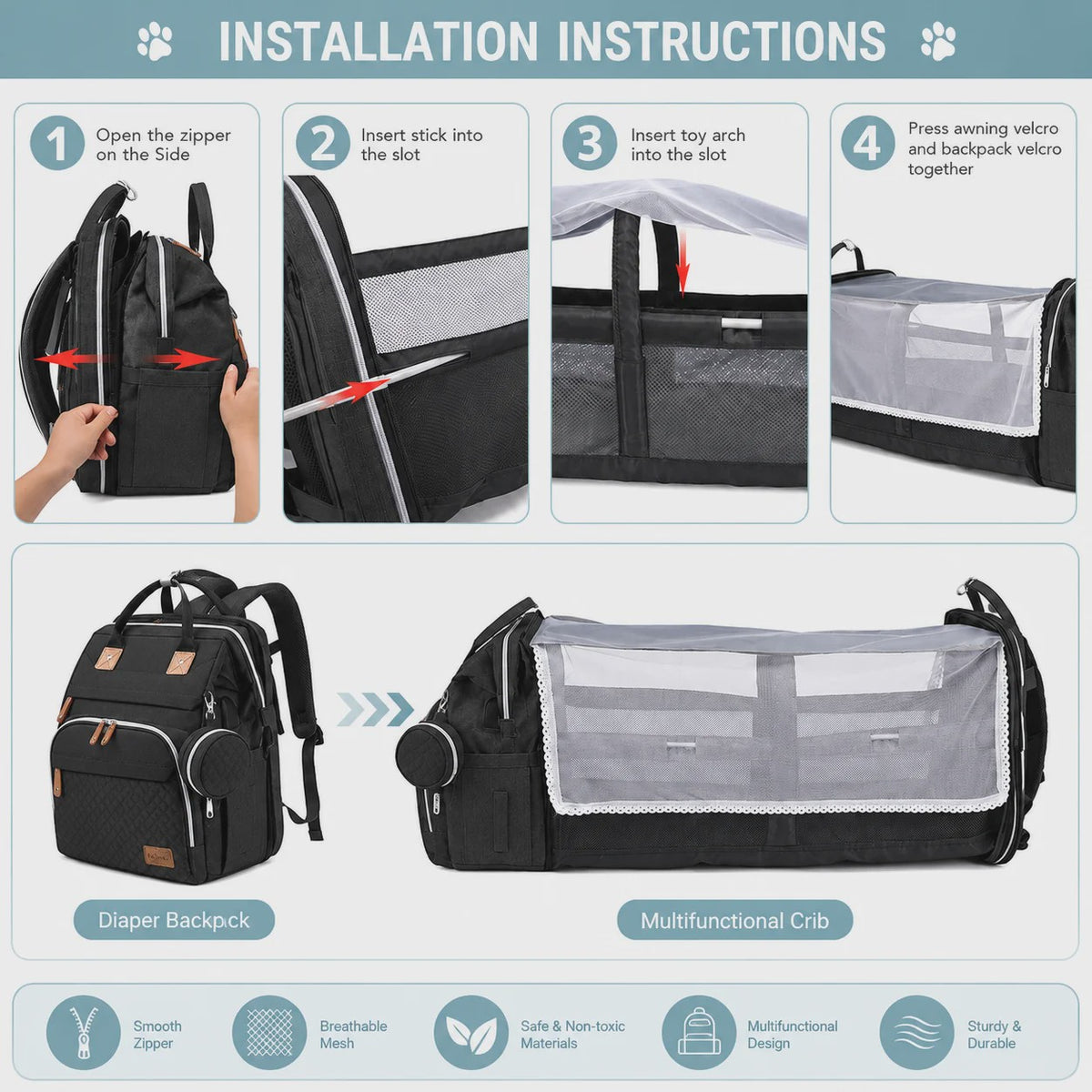 Multifunctionele Luiertas Rugzak met Babybedje, USB-poort en Aankleedkussen - Waterdicht
