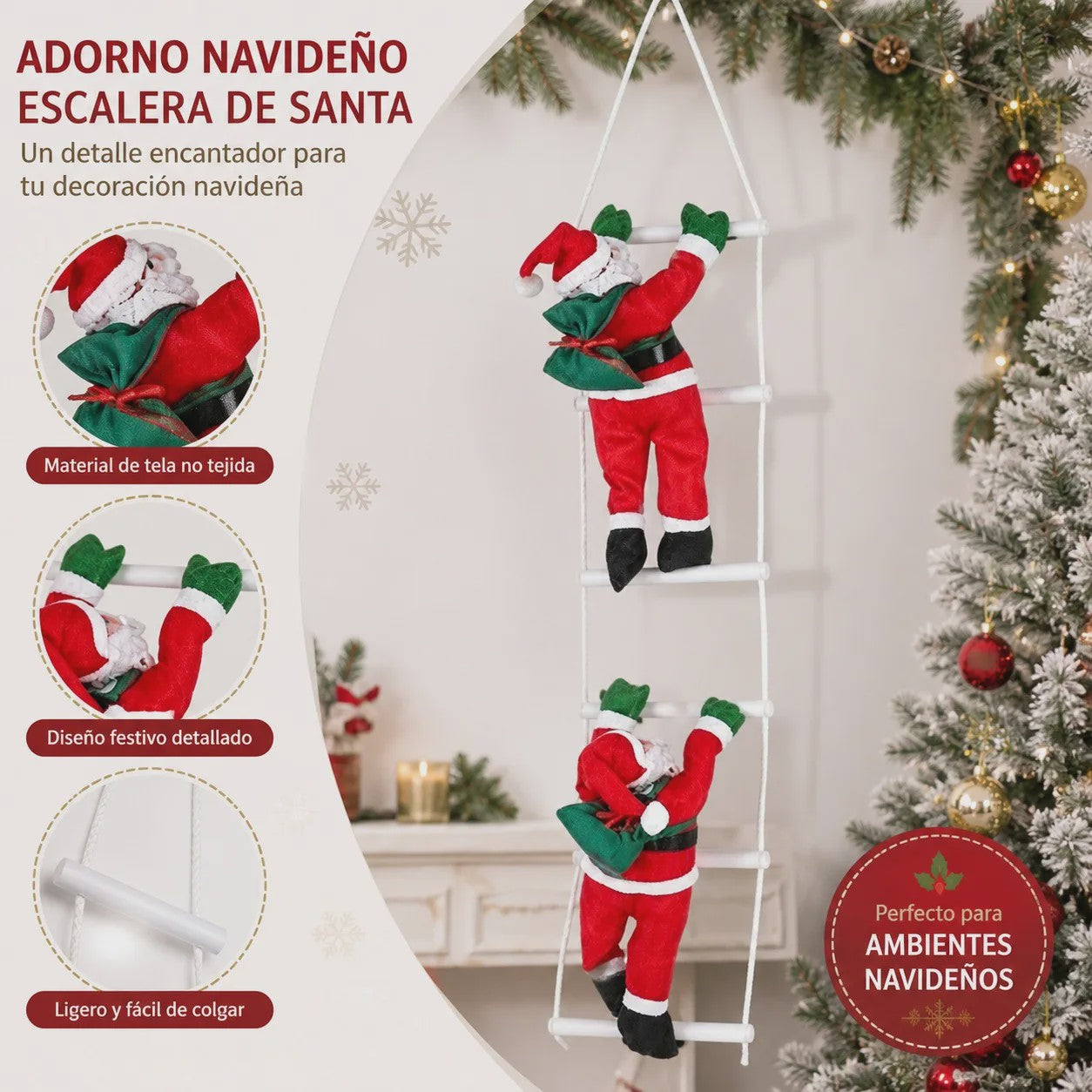 100cm Kerstman aan Ladder - Hangend Kerstdecoratie Ornament met Cadeauzak
