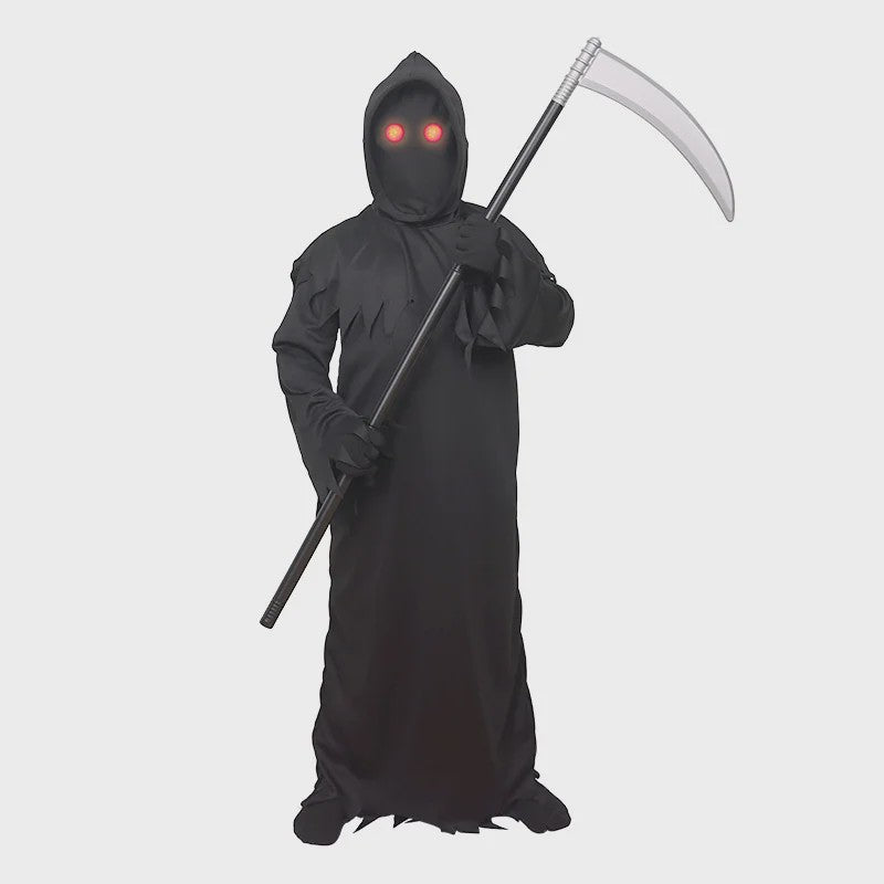 Grim Reaper Doodskostuum met Gloeiende Rode Ogen - Compleet Halloween Outfit