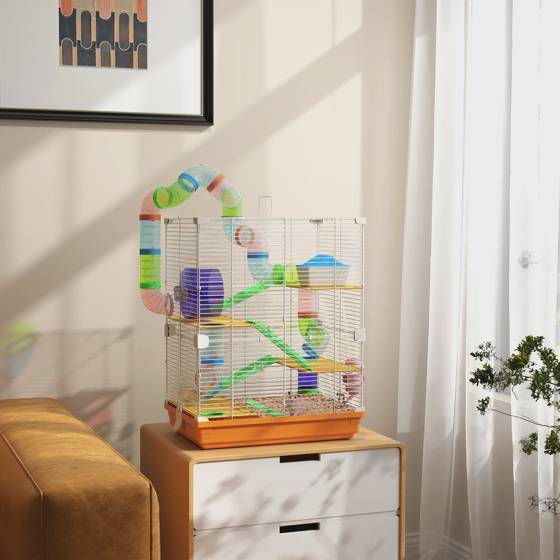 Ruime Hamsterkooi met Tunnels, Platforms, Wieltje en Accessoires (46x30x58 cm)