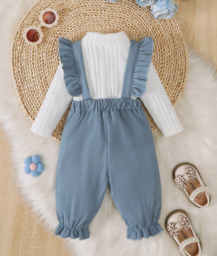 Schattige Baby Outfit: Witte Lange Mouwen Top met Blauwe Overalls en Strik