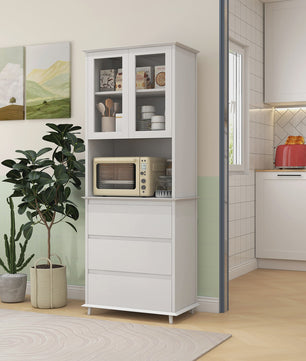 Keuken Buffetkast met Glazen Deuren, 3 Lades en Open Niche - Wit