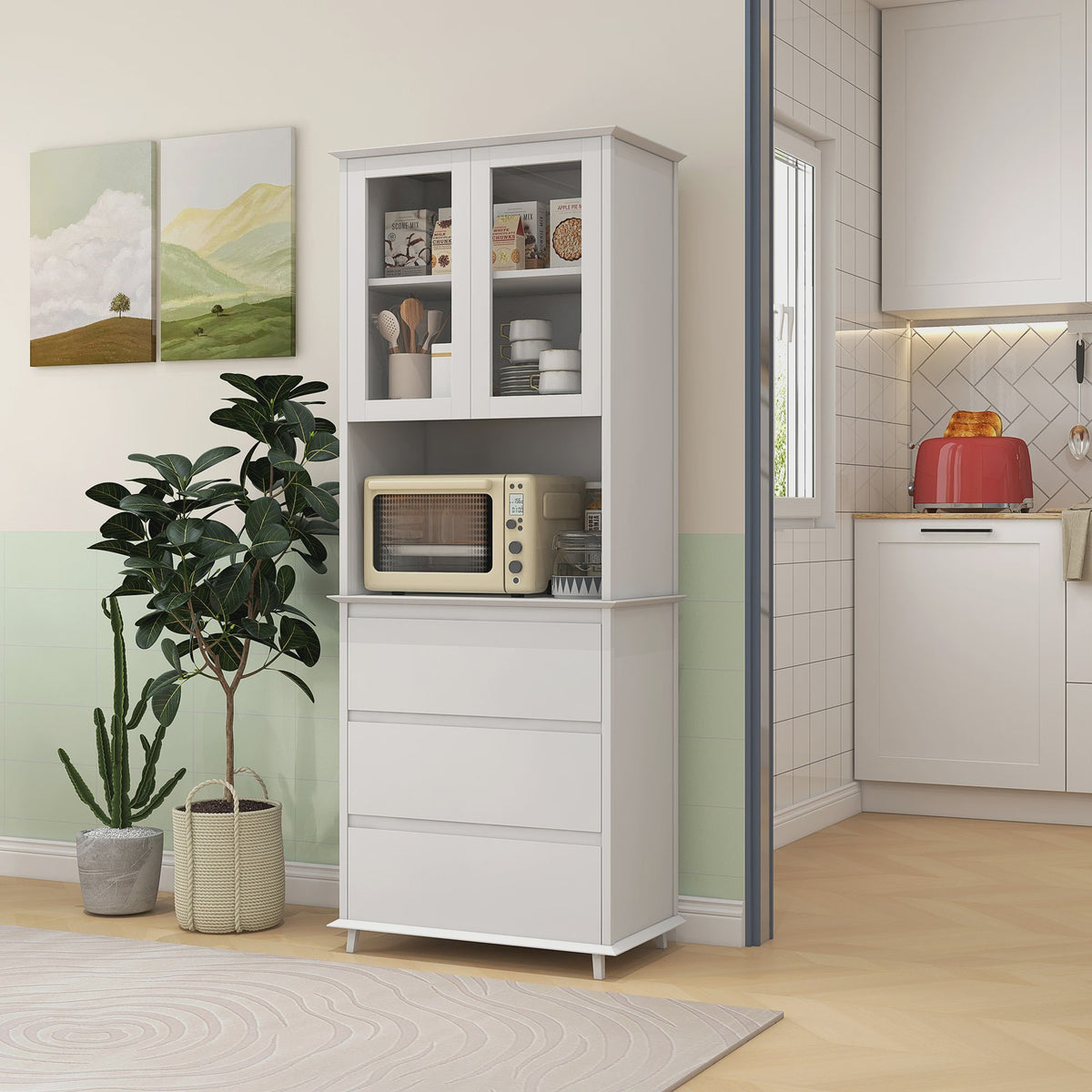 Keuken Buffetkast met Glazen Deuren, 3 Lades en Open Niche - Wit