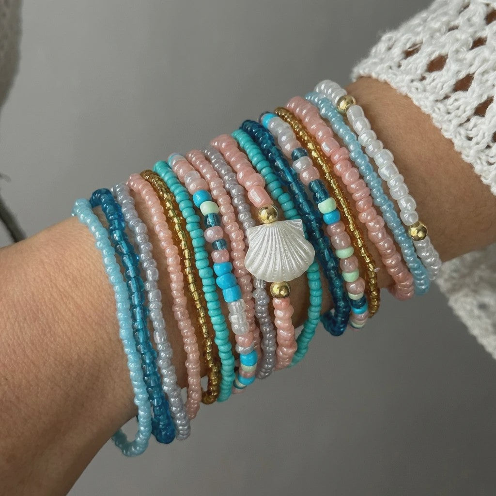 17-delige Boho Kralen Armband Set met Schelpjes - Pastel Kleuren voor Zomer & Strand