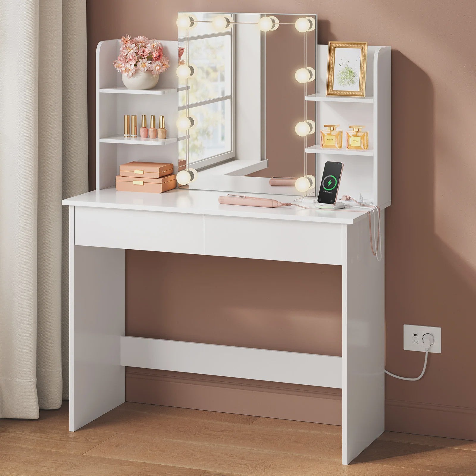 WOLTU Kaptafel met LED Verlichting, Make-up Tafel met Spiegel en Opbergvakken