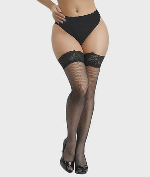Zwarte Visnet Kousen met Kanten Boord - Dijhoog & Over de Knie - Plus Size XXXXL - Anti-slip Siliconen