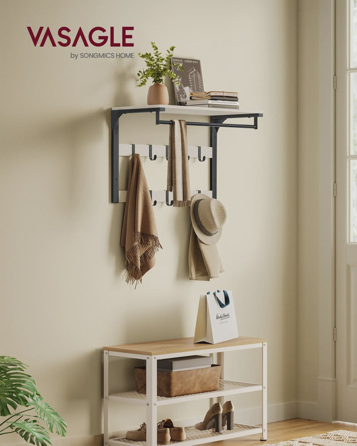 Wandkapstok met Plank en 10 Verplaatsbare Haken - Wandmontage