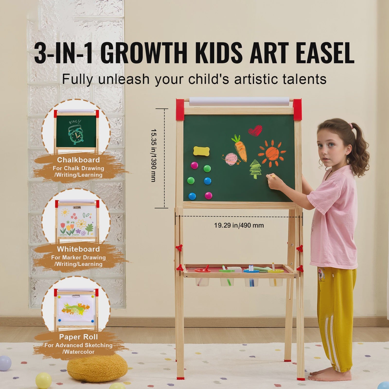Dubbelzijdig Houten Teken-easel voor Kinderen met Whiteboard & Krijtbord - Inclusief 37 Accessoires