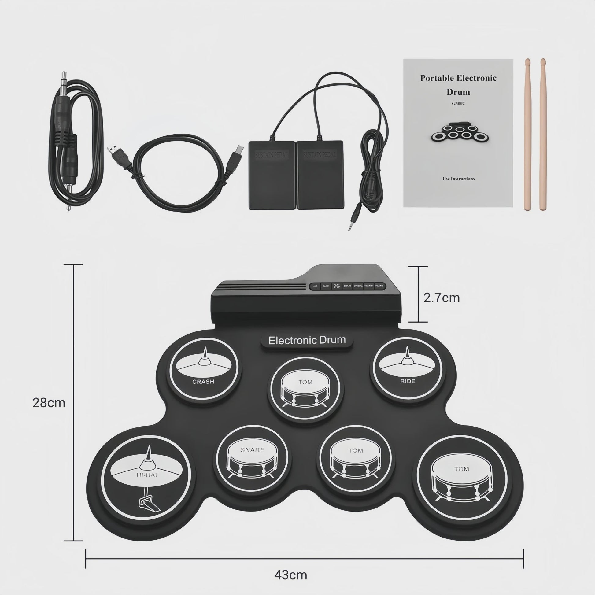 Compacte USB Roll-Up Elektronische Drumstel Set met 7 Pads, Drumstokken en Voetpedaal - Ideaal voor Beginners