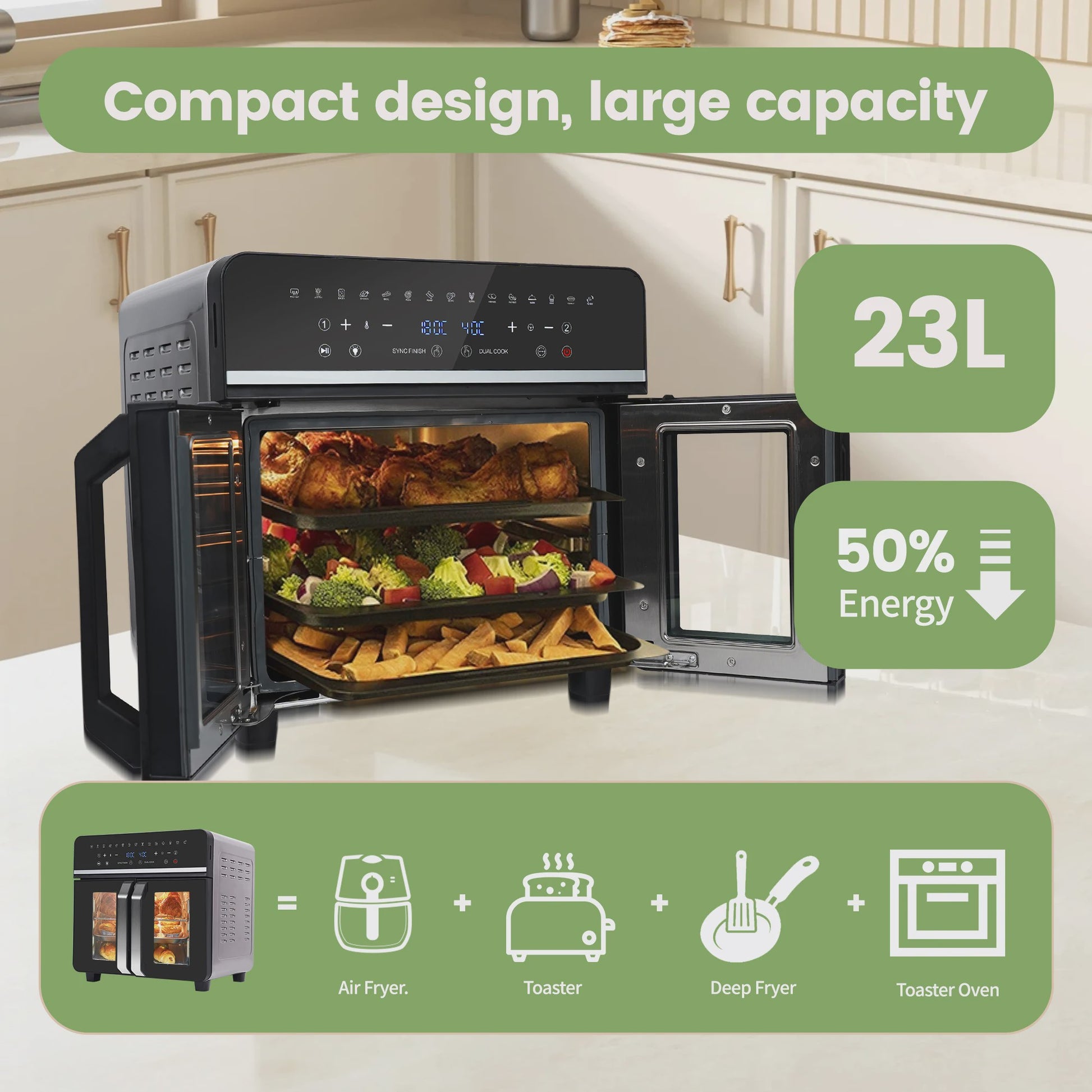 XXL Dubbele Heteluchtfriteuse Oven (23L, 2200W) met LED Touchscreen & 15 Programma's