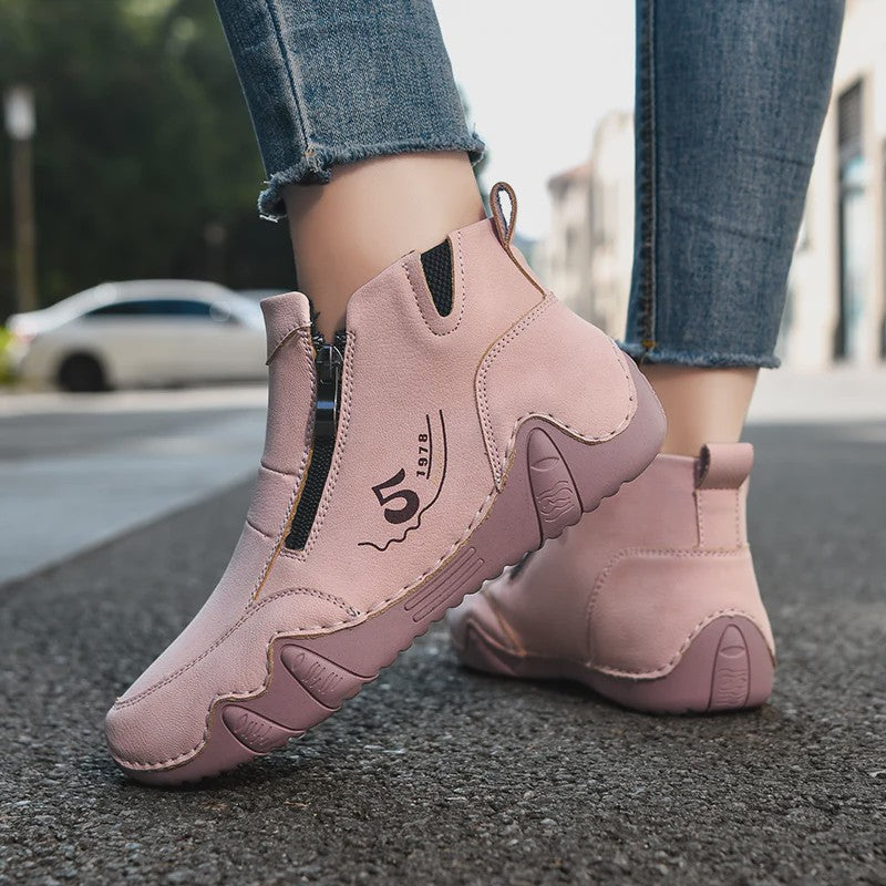 Dames Enkellaarsjes met Rits - Comfortabele Casual Leren Sneakers voor Lente & Herfst
