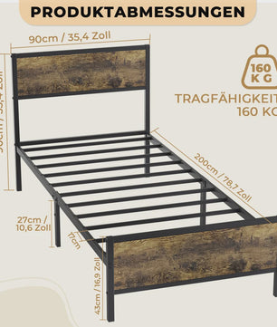 Industrieel Stalen Bedframe 90x200/140x200 cm met 27cm Vrije Ruimte - Vintage Design
