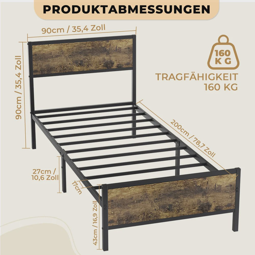 Industrieel Stalen Bedframe 90x200/140x200 cm met 27cm Vrije Ruimte - Vintage Design