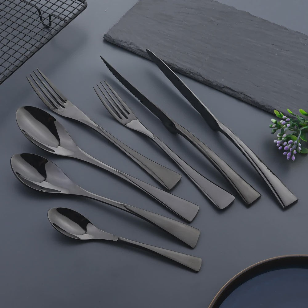 Luxe Bestekset RVS - Zwart Steakmes, Dessertlepel & Vork - Complete Tafelset