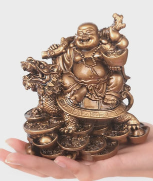 Gouden Lachende Boeddha Beeld met Draak en Schildpad - Feng Shui Decoratie